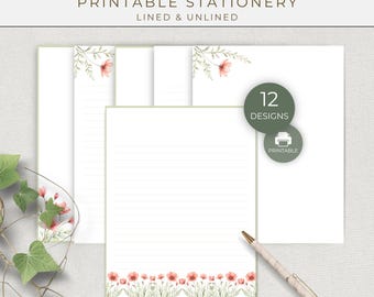 Pale Red Floral Printable Writing Paper, Lined and Unlined Letter Writing Set for Snail Mail, Pen Pal Notes and Journaling