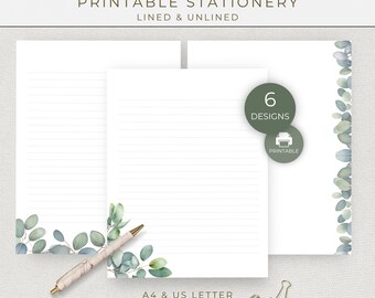 Papel de escritura imprimible con motivos botánicos de eucalipto, con y sin líneas, ideal para notas a amigos por correspondencia y para escribir en un diario.