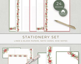 May include: A stationery set featuring lined and blank papers, note cards, and mini notes. The designs include a floral border with red ribbons and poinsettias. The set includes 24 designs and is printable. A gold pen rests on the papers.