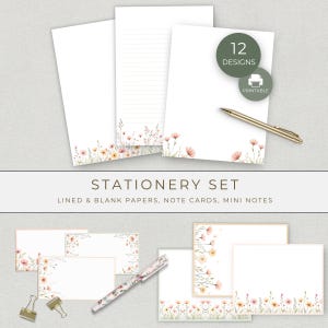 Könnte beinhalten: Ein Schreibwarenset mit floralen Designs. Das Set enthält liniertes und leeres Papier, Notizkarten und Mini-Notizen. Die Designs sind druckbar und weisen verschiedene Blumenmuster auf. Ein goldener Stift liegt auf dem Papier. Der Text "STATIONERY SET" ist sichtbar.