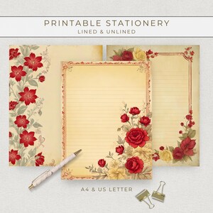 Vintage Flower Stationery Set, Printable Papers, Pen Pal Kit, Snail Mail Letter Writing Set, Decorative Writing