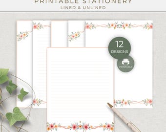 Flower Border Printable Writing Paper, Lined and Unlined Letter Writing Set for Snail Mail, Pen Pal Notes and Journaling