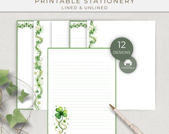 May include: Printable stationery set with a St. Patrick's Day theme. The set includes lined and unlined paper, envelopes, and notecards. The designs feature green shamrocks and vines. The set includes 12 designs and is printable.