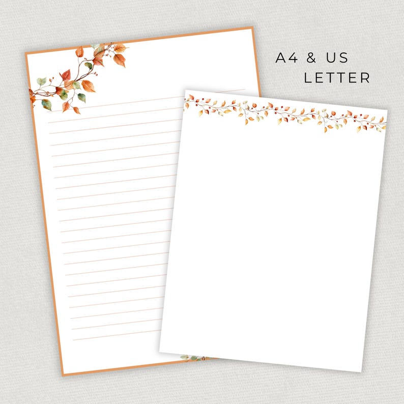 One Line Ruled Page Printable Fall Writing Paper Collection, Leaf Border Designs, Lined and ...