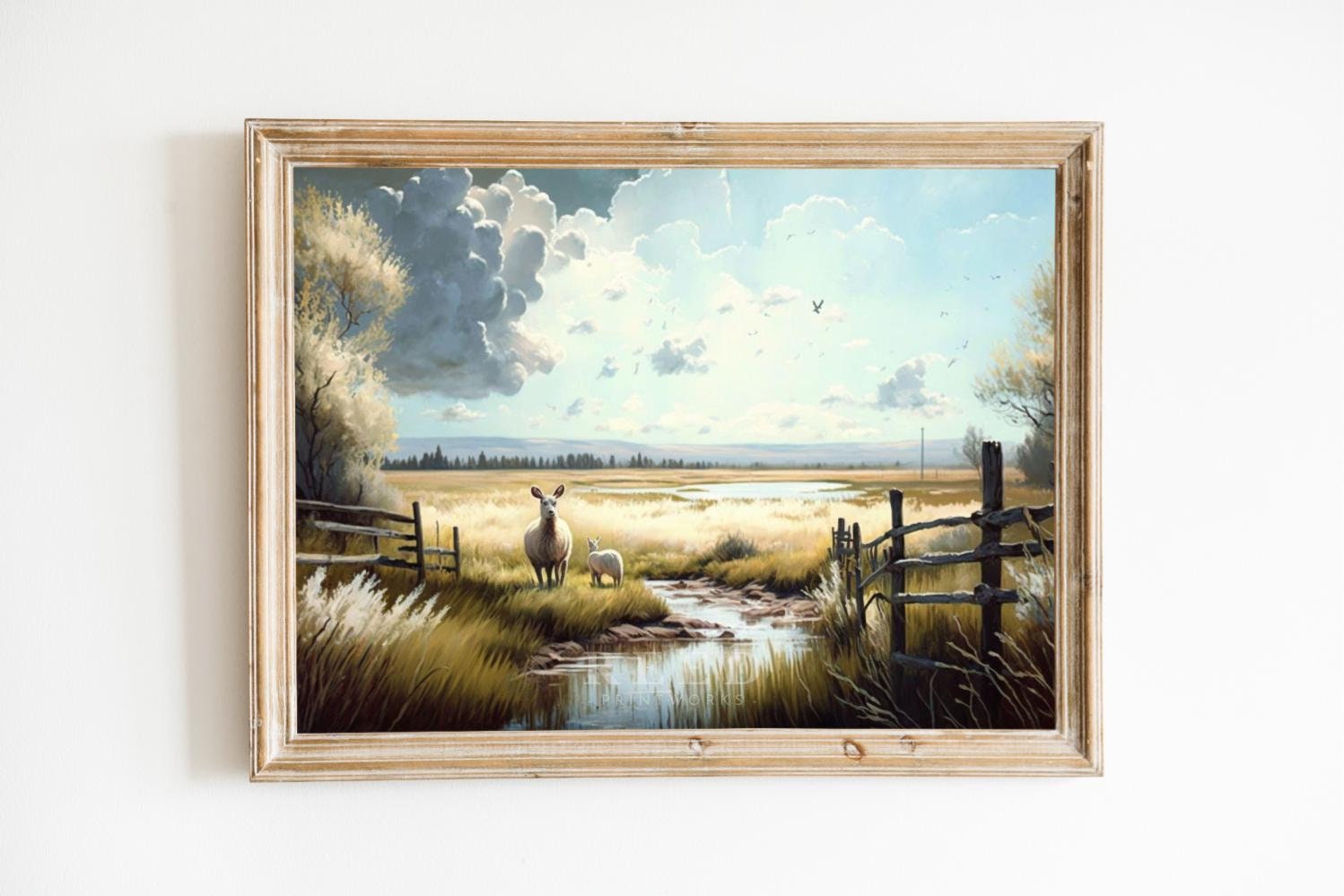 Vintage Moody Farmside Campagna Soleggiato Paesaggio Nuvoloso Pittura / STAMPABILE