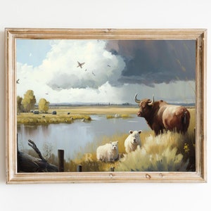 Vintage Moody Muted Cow Calming American Farm Countryside Landscape Painting | PRINTABLE