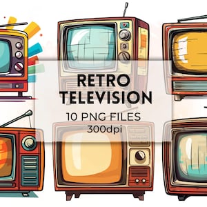 May include: A set of 10 retro television illustrations in PNG format, 300dpi. The illustrations feature various styles of vintage televisions with colorful screens and details.