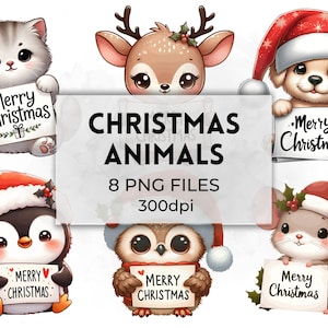 Christmas Animals Clipart Bundle, Cute Festive Pets Digital Art, High Quality Printable Graphics, Digital Download for Holiday Crafts