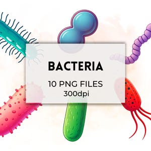 Bacteria Clipart Set, 10 Science-Themed Microorganism Illustrations, Instant Download, Digital Microbiology, PNG Graphics