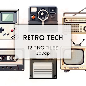 May include: Illustration of retro tech icons including a handheld game console, instant camera, radio, cassette tape, floppy disk, and television. The image includes the text "RETRO TECH" and "12 PNG FILES 300dpi".