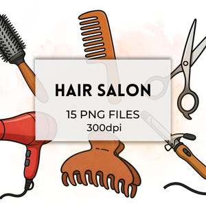 Hair Salon Clipart Bundle, 15 PNG Beauty & Hairstyling Illustrations, Digital Hairstylist PNG Graphics, Printable Hair Tools Set Graphics