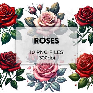 Charming Valentine Rose Clipart, 10 High-Resolution PNG Graphics, Romantic Floral Illustrations for DIY Projects, Valentine’s Digital Art
