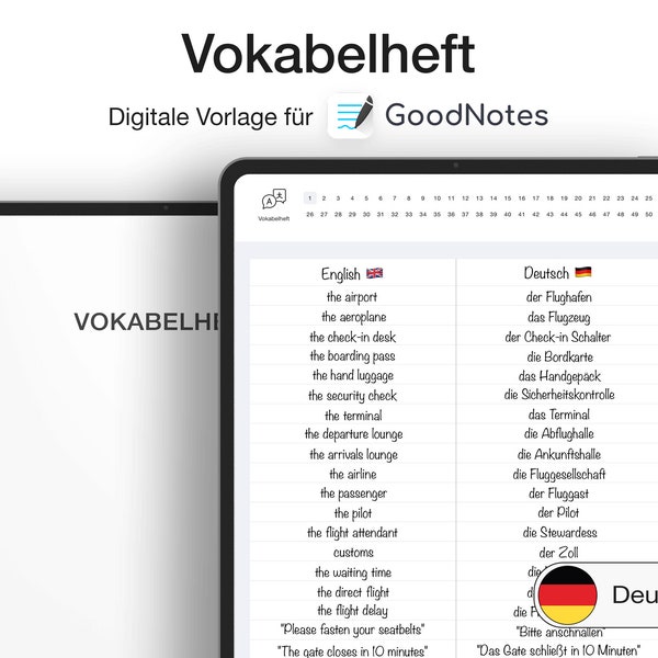 Digitales Vokabelheft 2 Spalten auf Deutsch für GoodNotes (iPad)