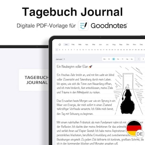 Zwei iPads mit geöffneten Seiten nebeneinander zeigen eine Tagebuch Journal PDF-Vorlage für die Goodnotes App; links das Cover, rechts ein beispielhafter Journal-Eintrag. Kennzeichen für deutsche Sprache ist unten rechts sichtbar.