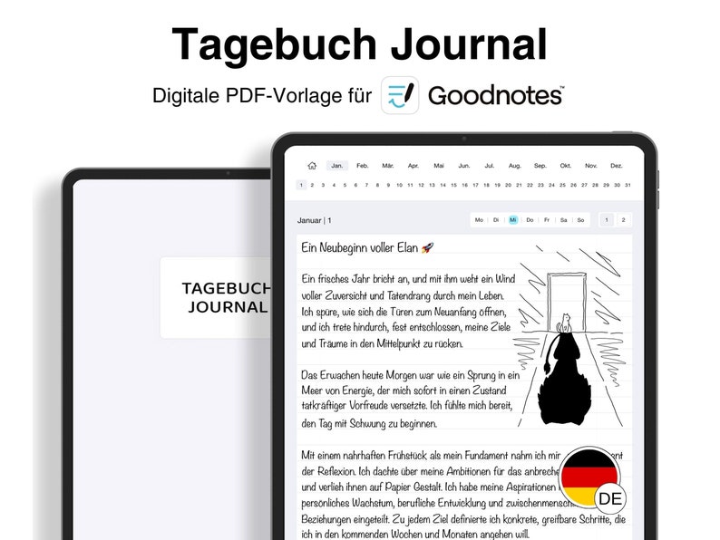 Zwei iPads mit geöffneten Seiten nebeneinander zeigen eine Tagebuch Journal PDF-Vorlage für die Goodnotes App; links das Cover, rechts ein beispielhafter Journal-Eintrag. Kennzeichen für deutsche Sprache ist unten rechts sichtbar.