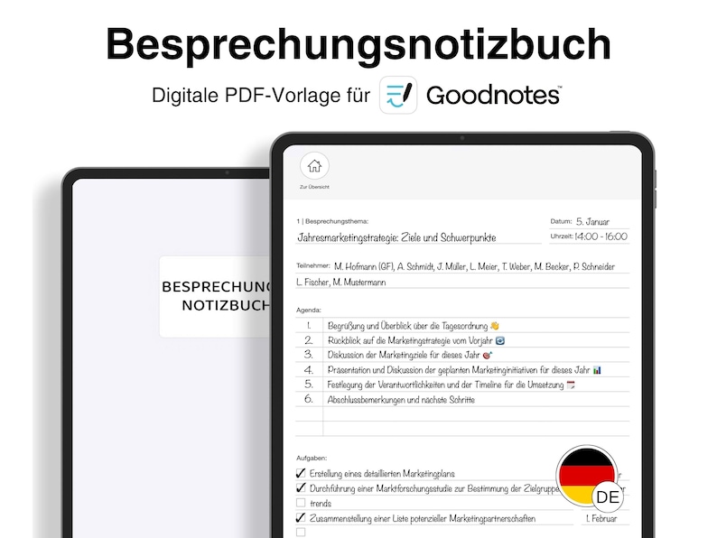 Digitales Notizbuch für Besprechungen & Meetings auf Deutsch für GoodNotes iPad Bild 1