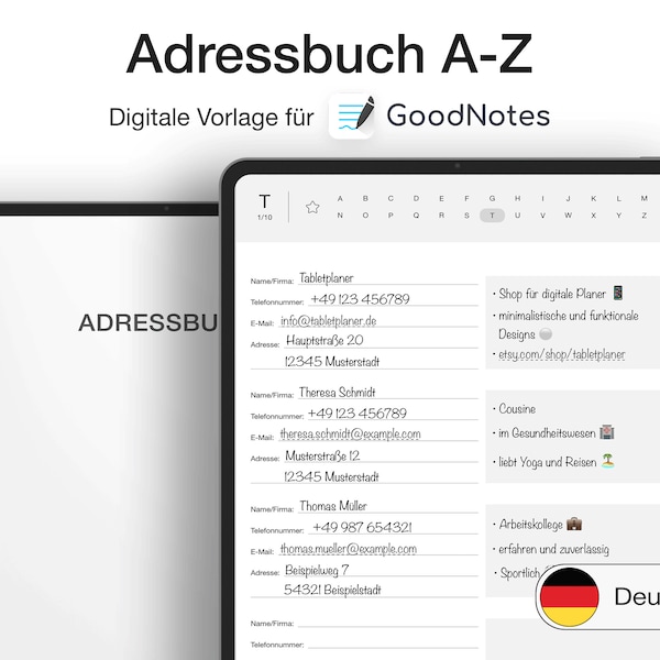 Digitales Adressbuch von A-Z auf Deutsch für GoodNotes (iPad)