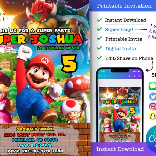 Printable Birthday Invitation Mario Invite Super Mario - Etsy