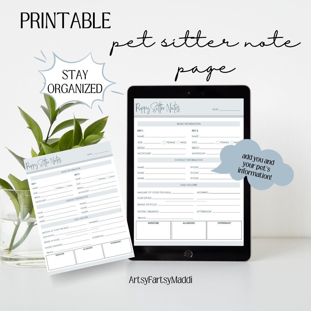 Pets Design Note Printable Pet Sitter Note Page - Etsy