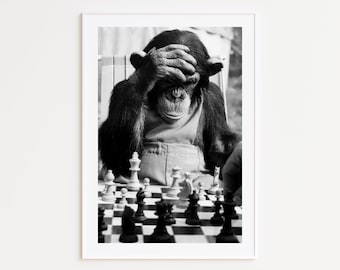 Monkey Playing Chess, Black and White Photography Prints, Photography Art, Fine Art Photos, Monkey Playing Chess Print, Checkmate Print