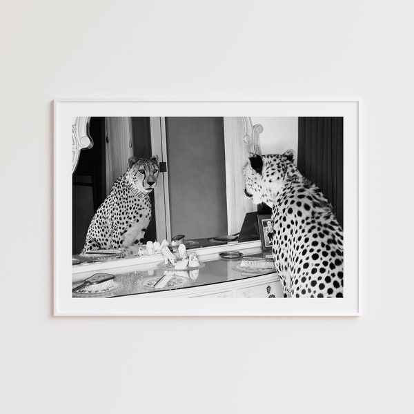 Cheetah In The Mirror Print, Black and White Photography Print, Photography Prints, Iconic Photos, Black and White Wall Art, Photography Art