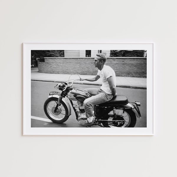 Steve McQueen on Motorcycle, Steve McQueen Poster, Iconic Photos, Steve McQueen Print, Black and White Photography Prints, Photography Art