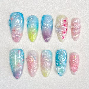 Blue and Pink Floral Press On Nails/Medium Almond Nails/Gift for Her/Summer Holiday nails/3D nails/Dreamy Nails/Fairycorn Nails/Ombre Nails