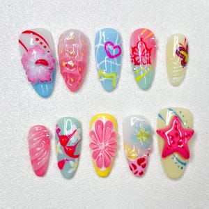 3D Tropical Press On Nails: Starfish, Hibiscus & Fruit Nail Art