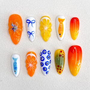 Handmade Tropical Press-On Nails: Fish, Floral & Sunset Nail Art