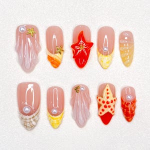 Muschel Nägel/Medium Mandel Nägel/Seestern Nägel/Küsten inspirierte Nägel/Party Nägel/Geschenk für Sie/Sommerferien Nägel/Strandnägel