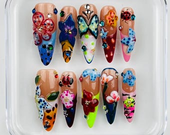 Floral Stiletto Press On Nails: 3D Luxury Nail Set