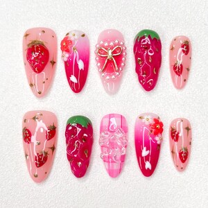 Strawberry Garden Press-On Nails – 3D Fruit and Bow Design with Pink Ombre & Floral Accents | Handmade Summer Nails