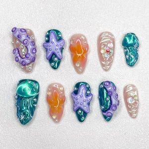 Ocean Press On Nails: 3D Starfish, Tentacle & Pearl Design