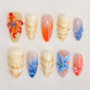 Shell Press On Nails: 3D Beach Holiday Almond Nails