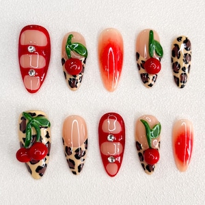 Handmade Cherry Press-On Nails with Leopard Print, Red Ombre, and 3D Designs – Unique Custom Nail Art for Bold and Trendy Styles