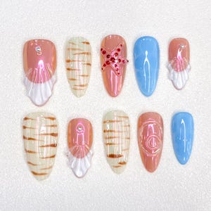 Küsten Anhänger/Muschel Nägel/Medium Mandel Nägel/Seestern Nägel/Party Nägel/Geschenk für Sie/Sommerferien Nägel/Strandnägel