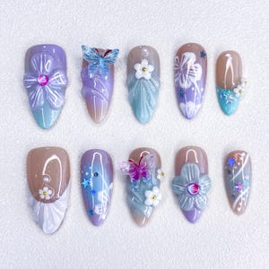 Muschel Nägel/Medium Mandel Nägel/Seestern Nägel/Küsten inspirierte Nägel/Party Nägel/Geschenk für Sie/Sommerferien Nägel/Strandnägel