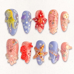 Sea Creature Press On Nails: 3D Coastal Almond Nails