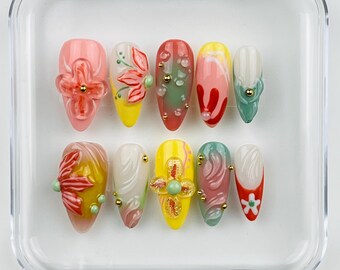 Handcrafted Floral Press On Nails: 3D Almond Nail Art