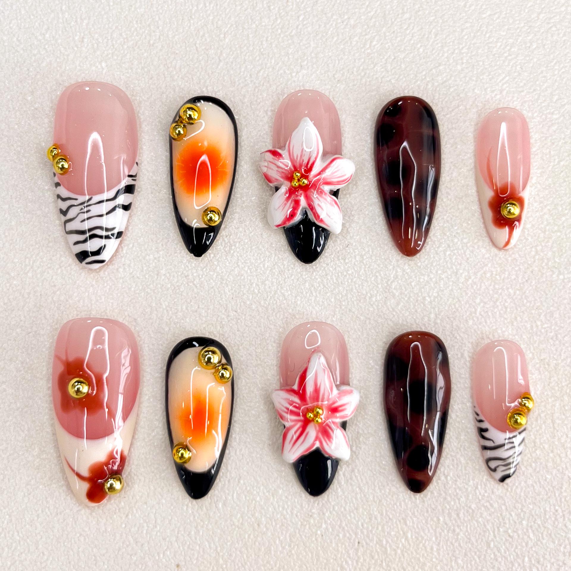 Handmade Press-on Nails: Tropical Zebra, Tortoiseshell, 3D Floral