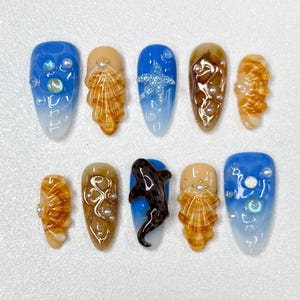3D Seashell Press On Nails: Handmade Ocean Mermaid Nail Art