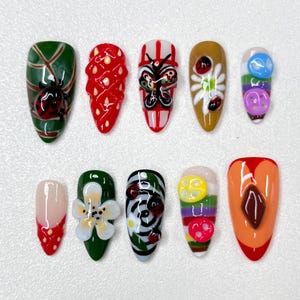 Whimsical Garden Press On Nails | Ladybug, Butterfly, Flower & Fruit 3D Nail Art | Summer Picnic Vibes
