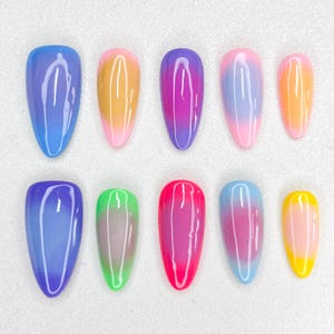 Handmade Rainbow Ombre Press On Nails: Long Coffin Glossy Nail Set