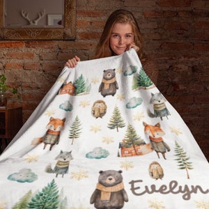 Coperta per bambini in peluche di velluto accogliente personalizzata con animali del bosco, coperta personalizzata per orsi con nome, regalo per la doccia per bambini, coperta di volpe dei boschi