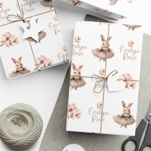 Personalized Girl&#39;s Ballerina Bunny Wrapping Paper, Custom Ballerina Bunny Gift Wrap with Name, Custom Floral Baby Shower wrapping paper 72&quot;