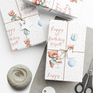 Confezione regalo personalizzata per il primo compleanno dell'orsacchiotto del bambino, carta da regalo personalizzata per il primo compleanno con nome, confezione regalo per il primo compleanno del bambino