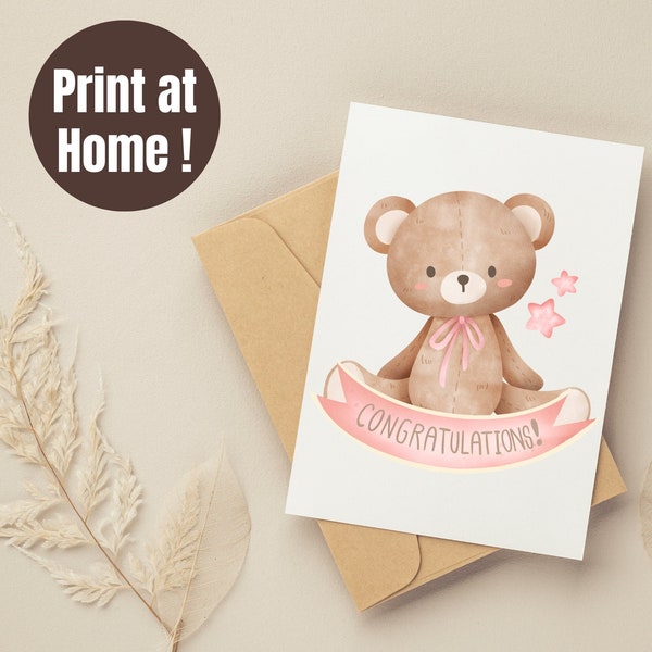 Printable Baby Shower Card, Digital Baby Shower Card, Digital Teddy Bear Baby Card, 5x7 Digital baby Card, Printable card for baby girl