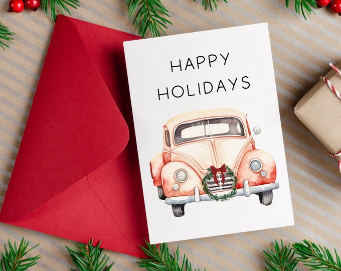 Printable Happy Holidays Red Car With Wreath Digital Card, Digital ...