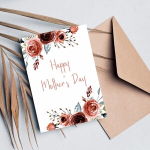 Afdrukbare Boho Terracotta rozen Floral Digital Happy Mother's Day Card, 5x7 digitale kaart, afdrukbare Moederdagkaart, afdrukbare kaart,