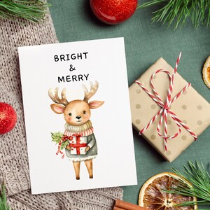 Druckbare Weihnachtskarte, süße Rentier digitale Weihnachtskarte, 13 x 7 faltbare digitale Karte, digitale Weihnachtskarte für Kinder Bright & Merry